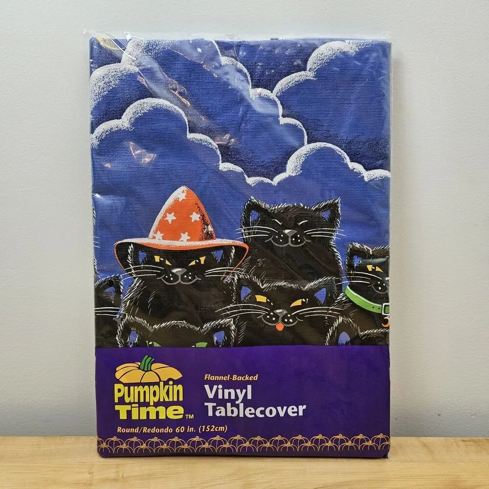 Vintage Pumpkin Time Vinyl Tablecover Halloween Black CATS Spooky WITCHES ROUND